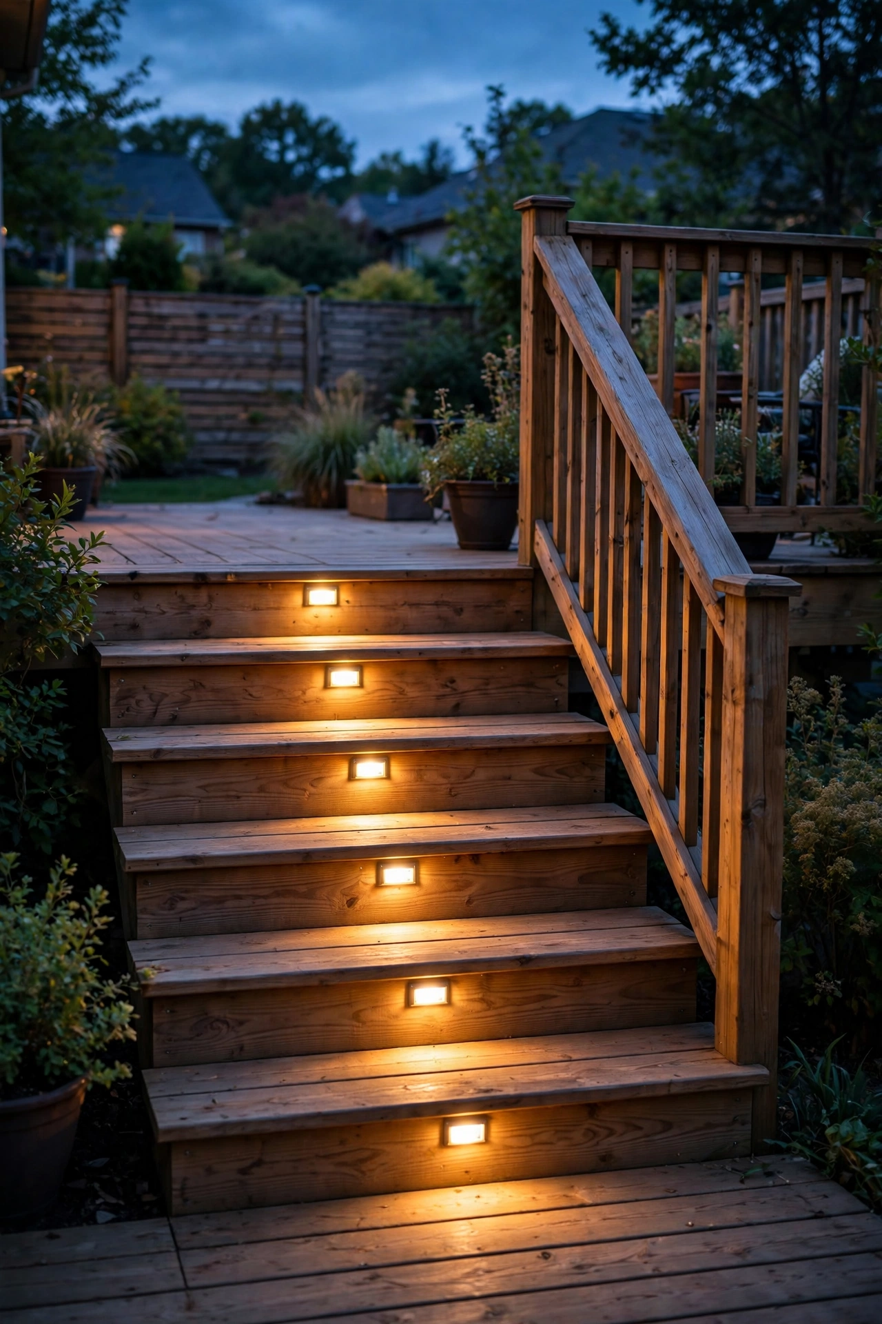Warm glowing deck stair lights illuminating wooden steps at dusk