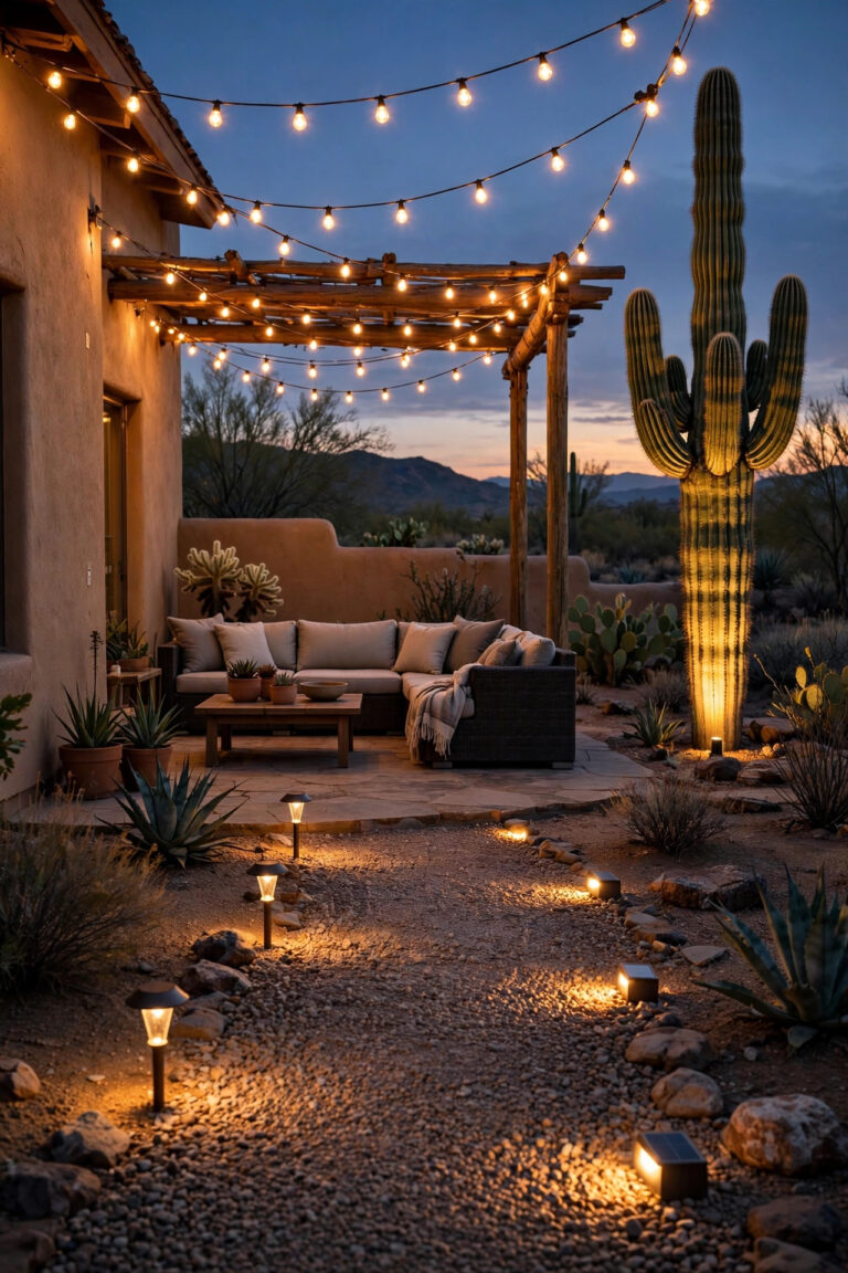 Desert backyard at dusk with warm string lights over a patio, an uplighted saguaro cactus, and solar path lights along a gravel walkway