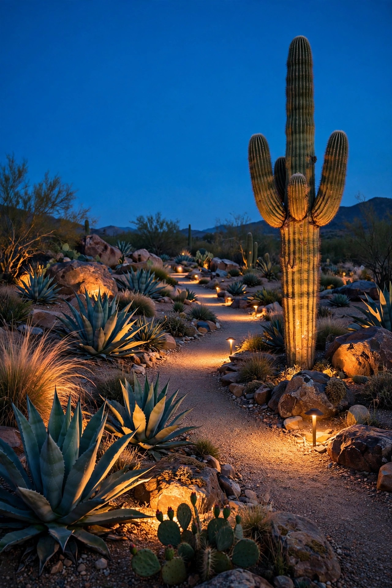 Desert xeriscape garden at dusk with warm layered landscape lighting glowing on a saguaro, agave plants, boulders and a gravel path