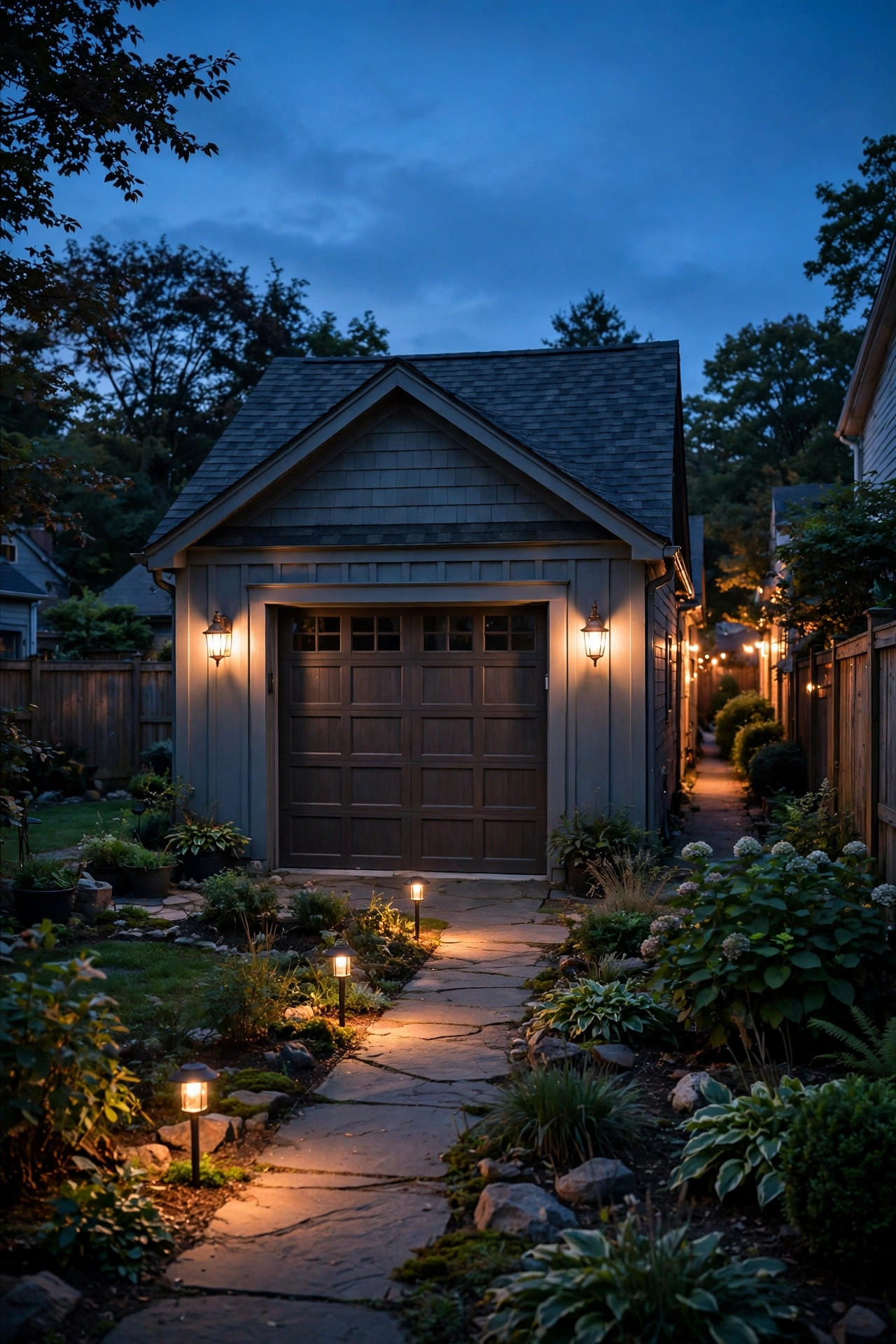 Detached garage at dusk with warm carriage sconces flanking the door, path lights along the walkway, and a soft glow down the alley