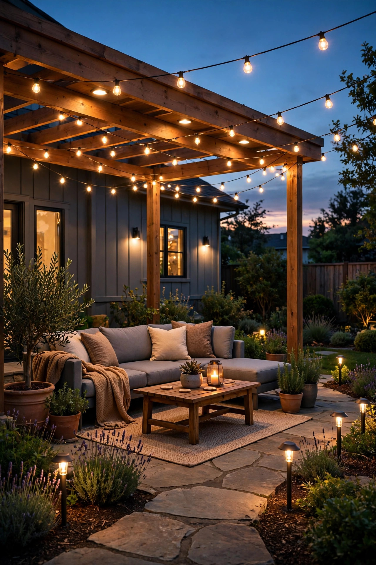 Cozy suburban patio at dusk with dimmable outdoor lights glowing warm over seating, string lights above and path lights along the garden edge