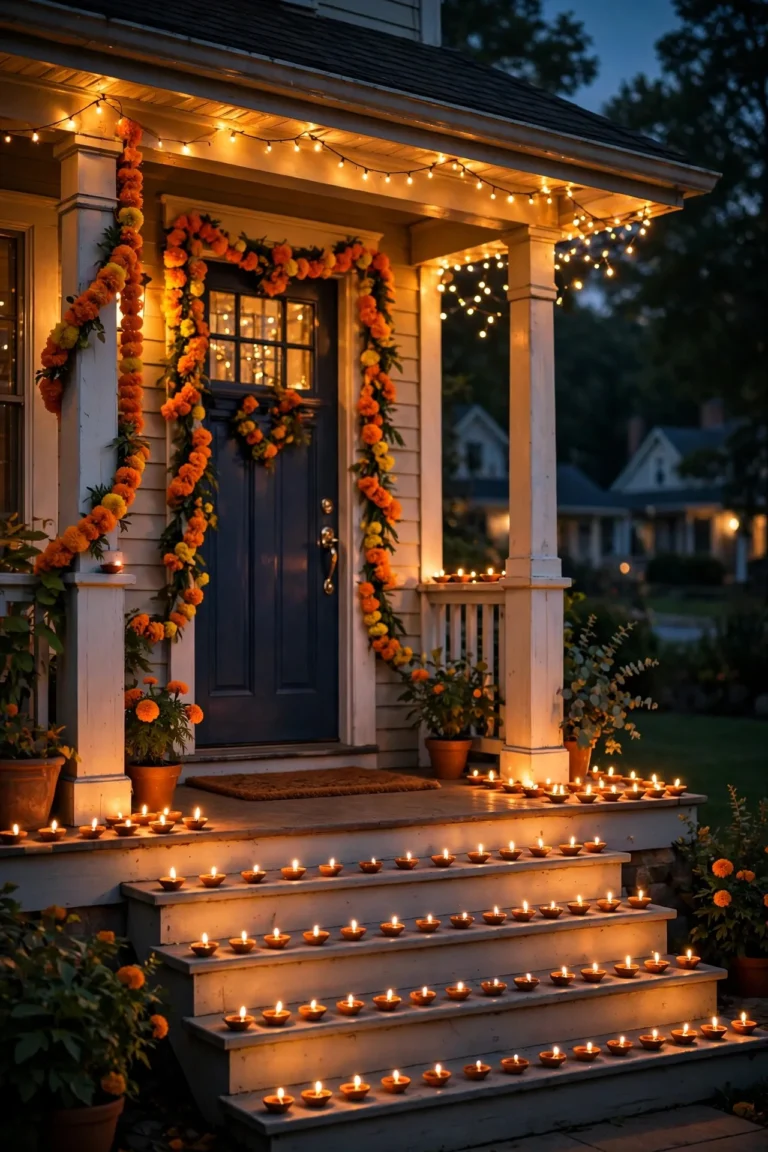 Front porch glowing with rows of lit clay diyas, marigold garlands and warm string lights for Diwali