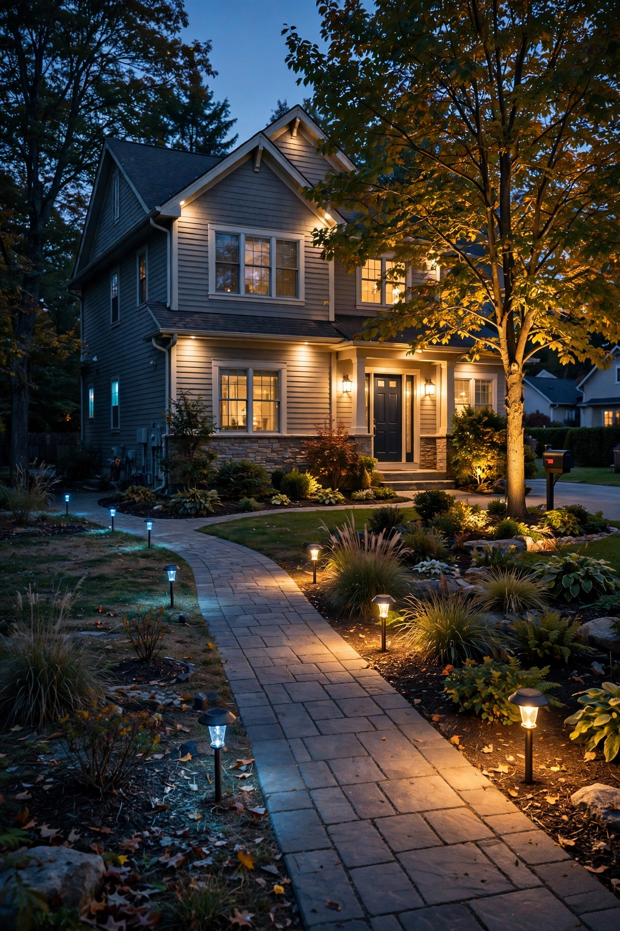 Split view of a suburban front yard at dusk — half lit by DIY path lights, half by professional layered landscape lighting