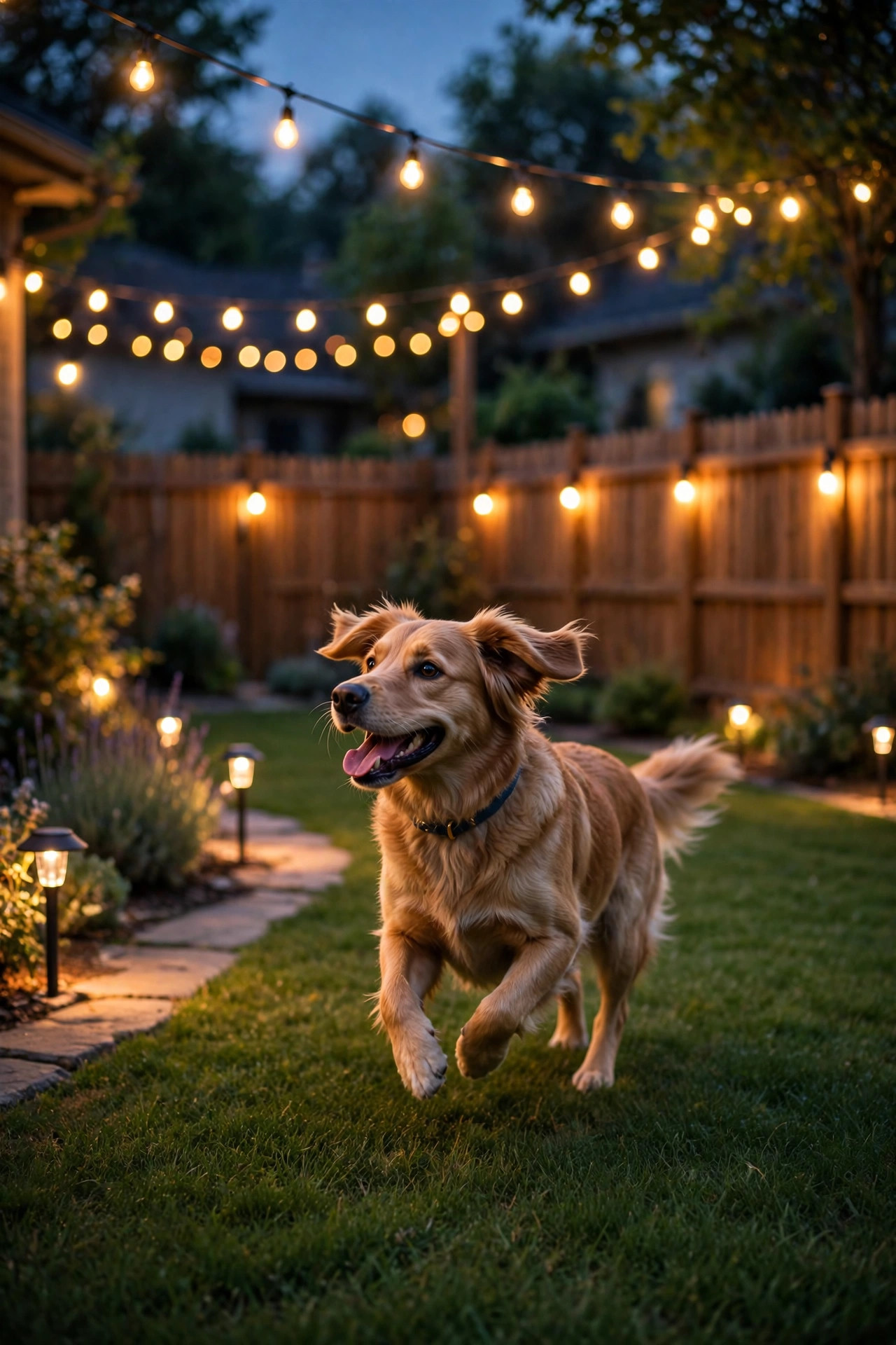 Happy dog running on a lawn at dusk in a backyard layered with warm path lights, fence lights and string lights