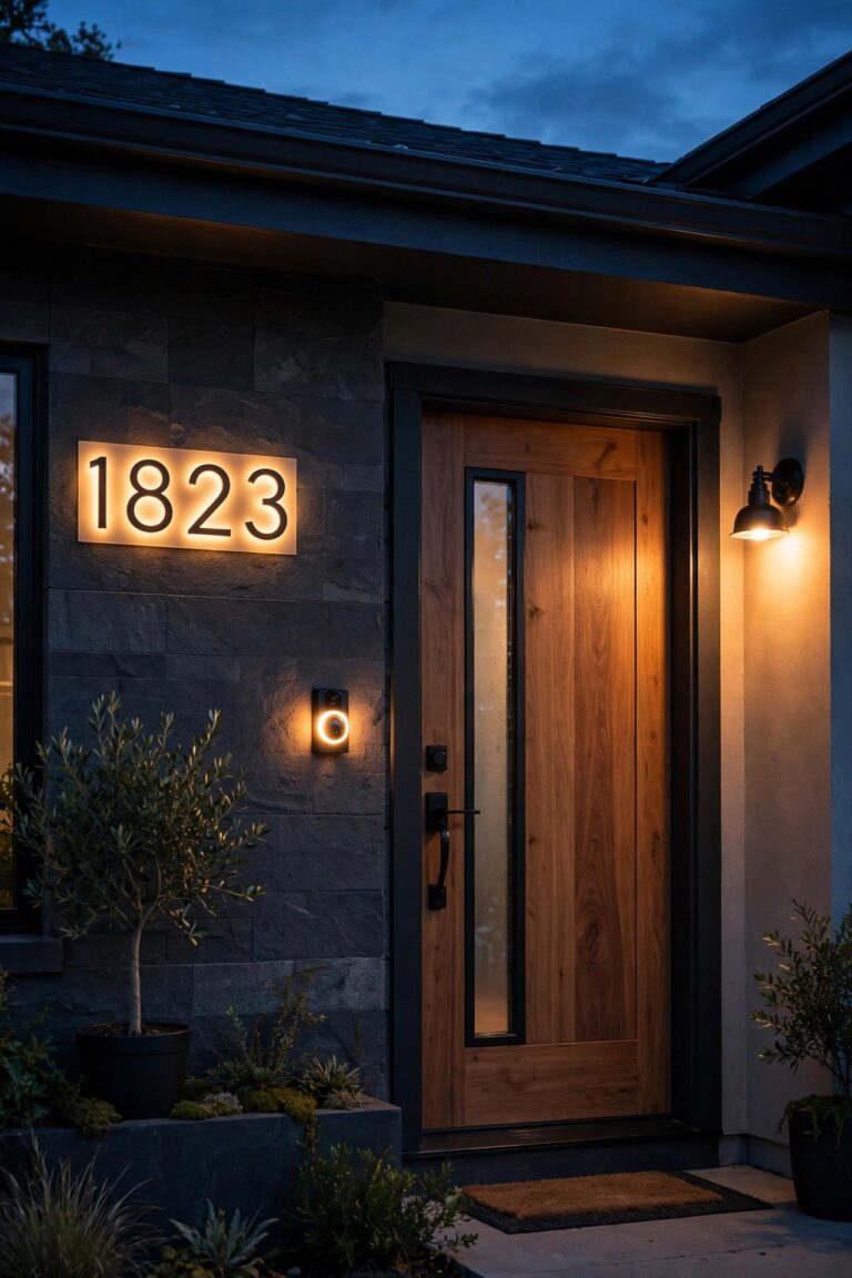 Front entry at dusk with a warm backlit doorbell button, glowing house numbers and a soft sconce wash beside the door