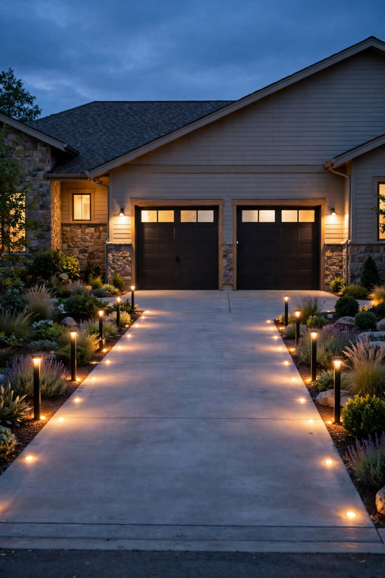 Wide suburban driveway apron at dusk glowing with warm bollard lights and soft in-ground edge markers in front of a two-car garage