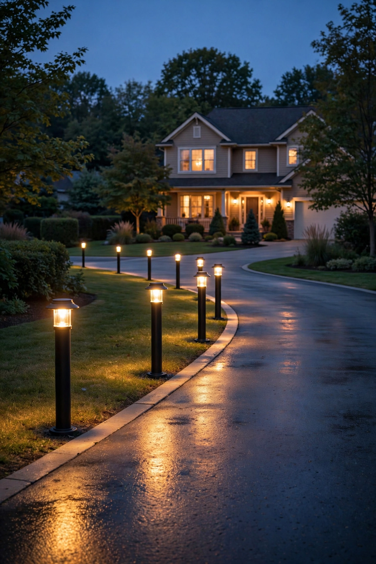 Row of warm glowing driveway bollard lights lining a curved suburban driveway at dusk