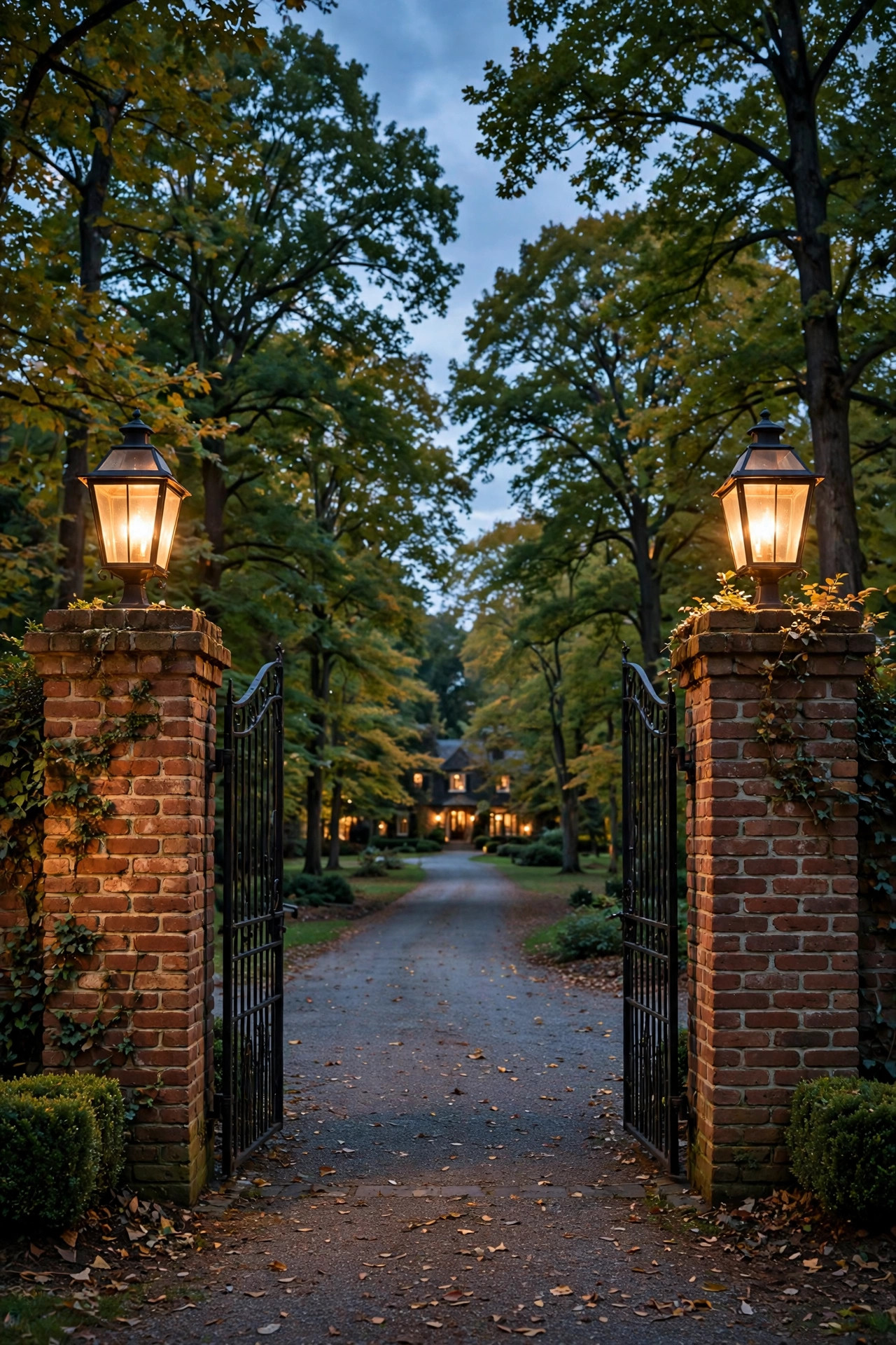 Brick driveway entrance pillars topped with warm glowing lanterns at dusk, gates open to a tree-lined drive