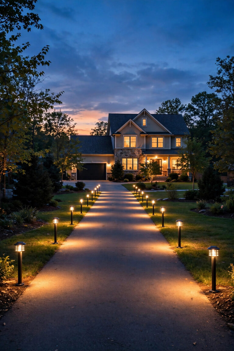 Long driveway at dusk lined with warm glowing path lights leading to a house