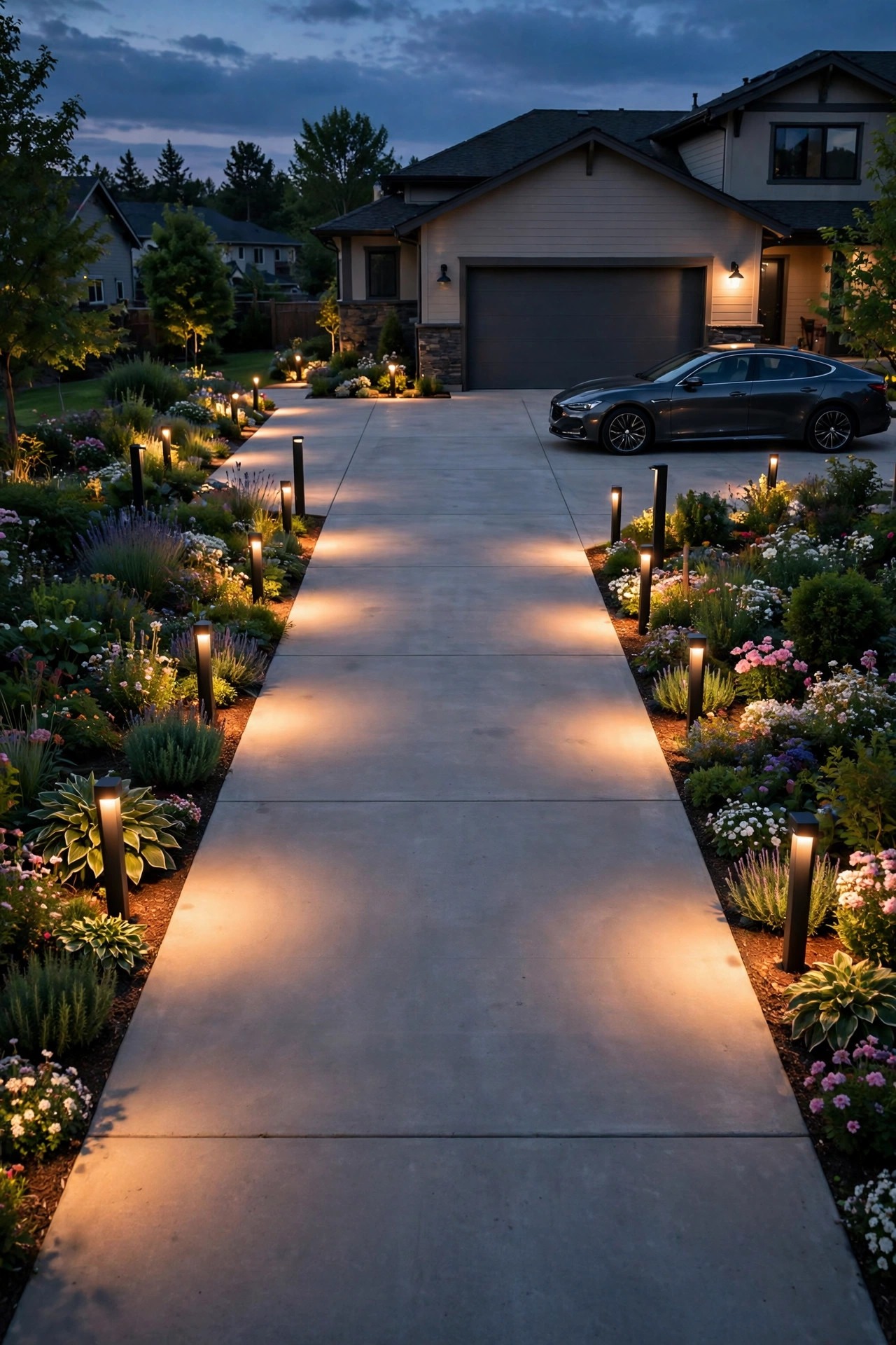 Wide suburban driveway at dusk lit in warm layered pools of light from low bollards and a soft garage sconce, a car parked neatly, flower beds glowing gently on both sides