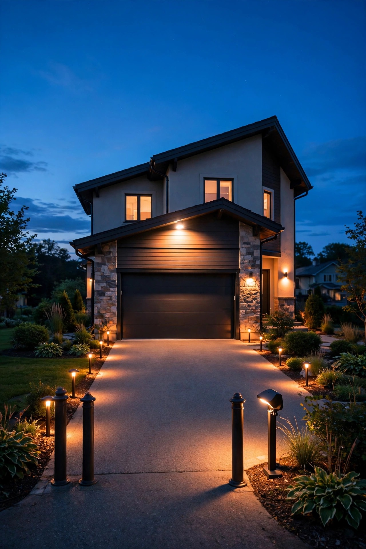 suburban home driveway at dusk lit in warm layers with low path lights along both edges, a glowing floodlight over the garage and bollards marking the entrance, driveway security lighting ideas