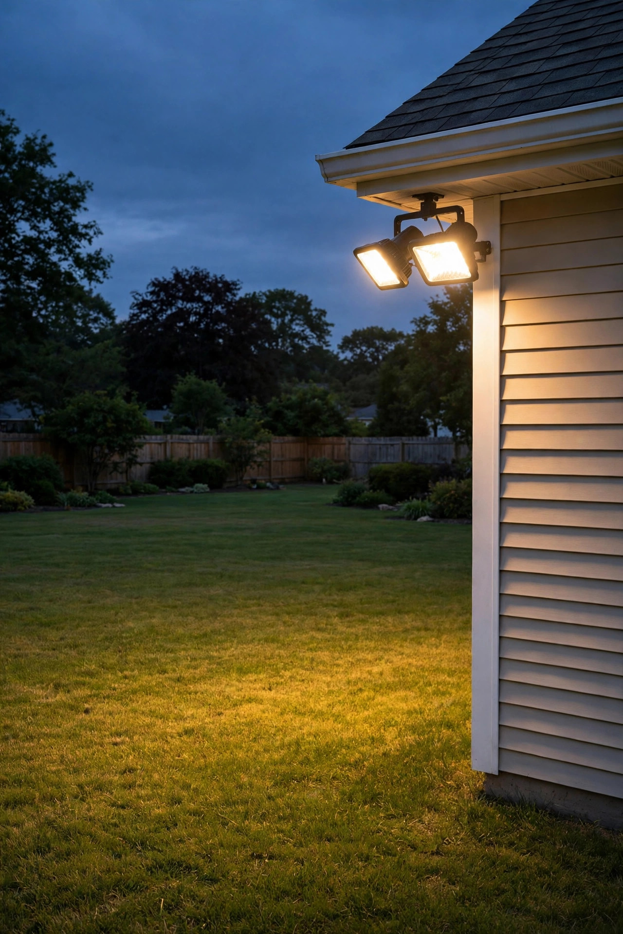 Dual head flood lights mounted on the corner of a suburban home washing a wide backyard lawn in warm white light at dusk