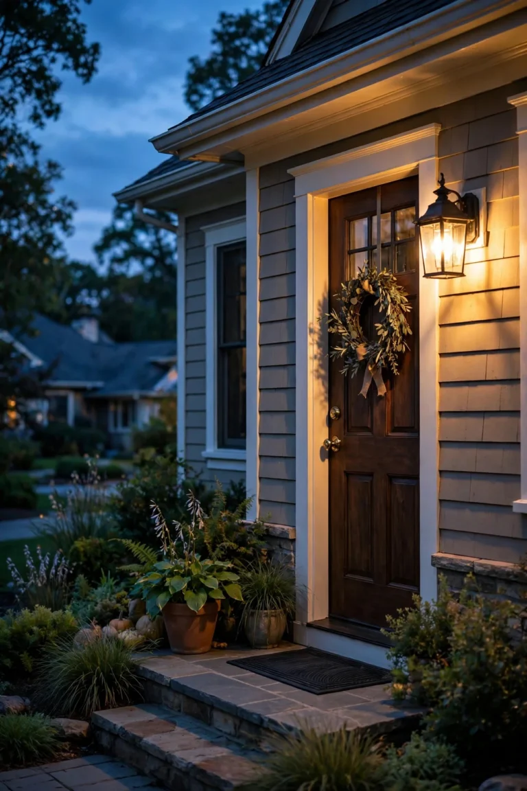 Warm dusk-to-dawn porch light glowing at twilight beside the front door of a cozy American suburban home