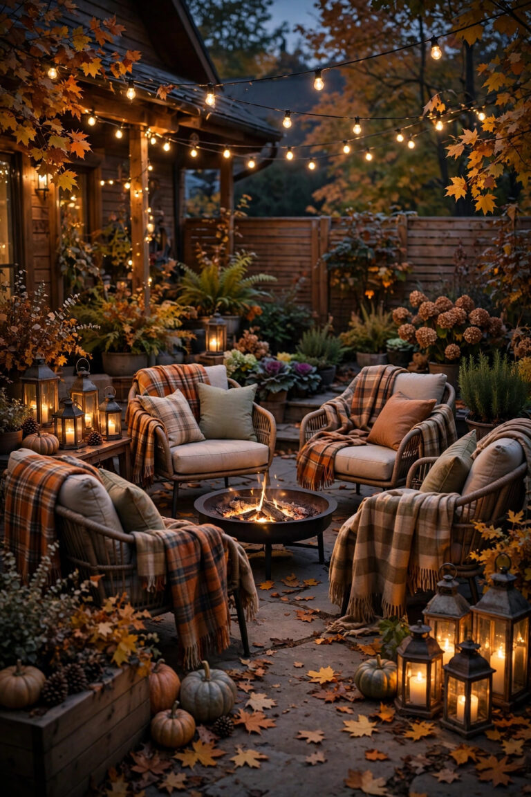 Cozy patio at dusk in early fall with warm string lights, lantern clusters, and a small fire pit surrounded by cushioned chairs and plaid blankets