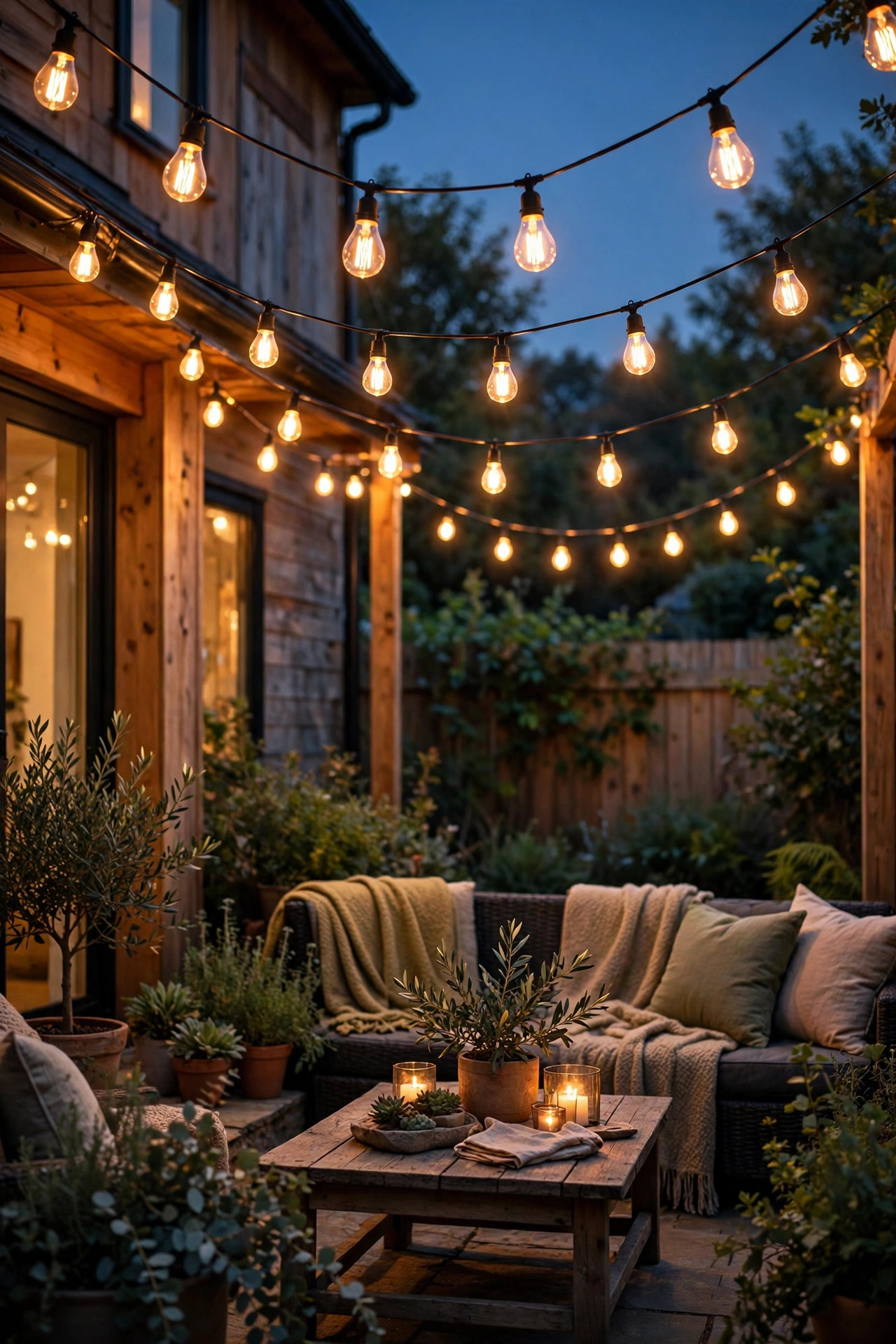 Warm edison bulb string lights swagged over a cozy backyard patio at dusk with vintage amber filaments glowing