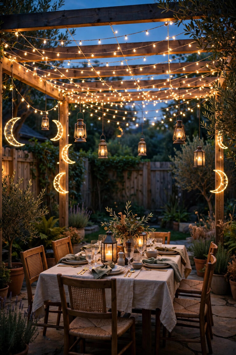 Backyard patio at dusk glowing with metal lanterns, crescent string lights and a warm string light canopy over an outdoor dining table set for an evening gathering