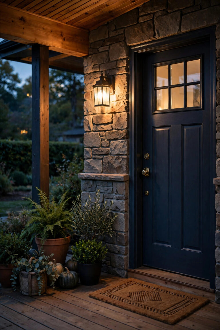 Warm glowing porch light installed beside a front door at dusk, the kind of finished result homeowners picture when asking about the cost to install a porch light with an electrician