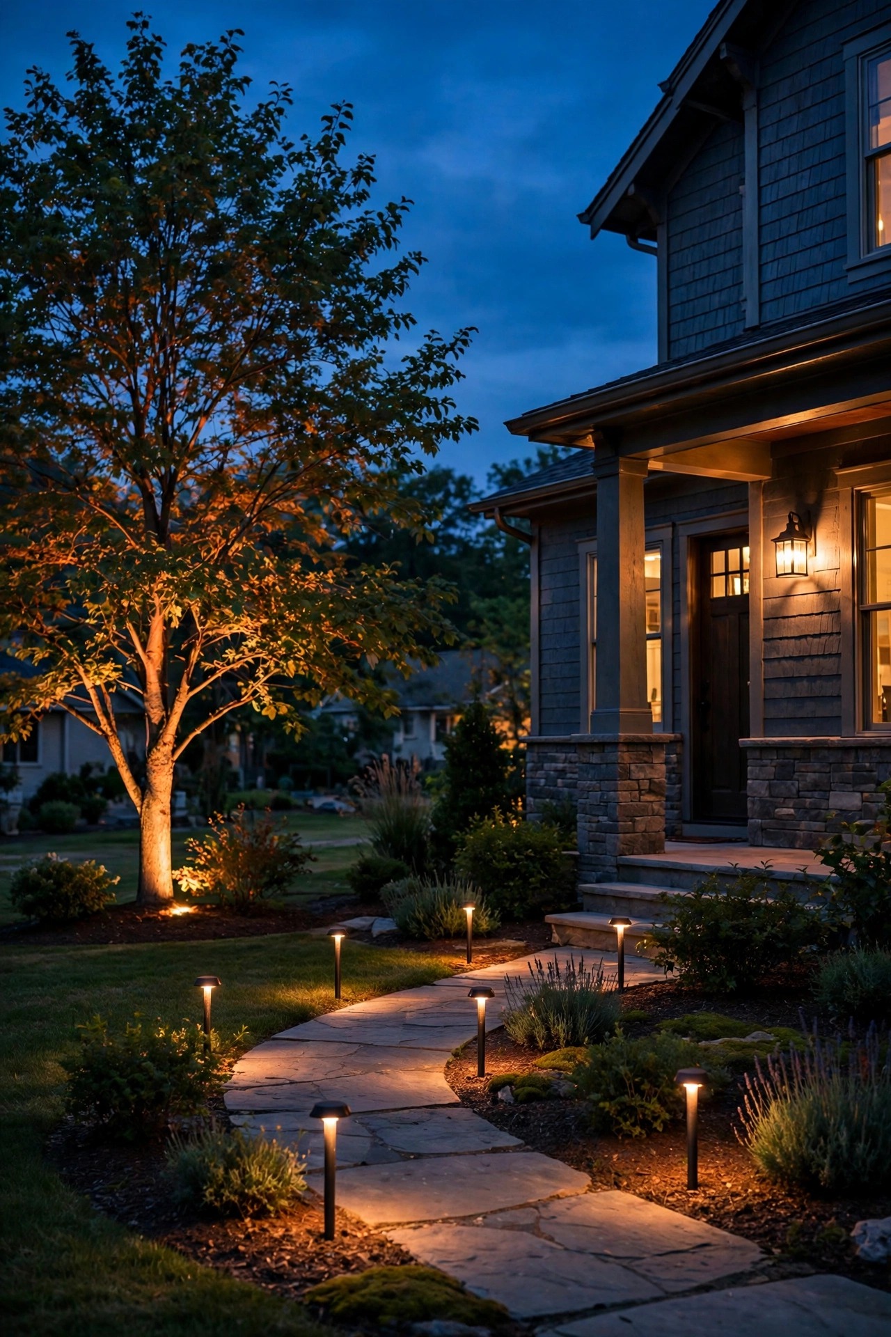Warm energy saving outdoor lighting glowing across a suburban front yard at dusk, with LED path lights, a lit porch sconce and soft accent uplighting on a tree