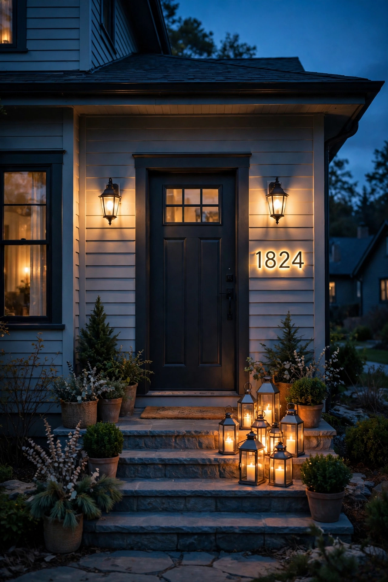 Warmly lit front entryway at dusk with glowing sconces, lanterns on the steps and illuminated house numbers