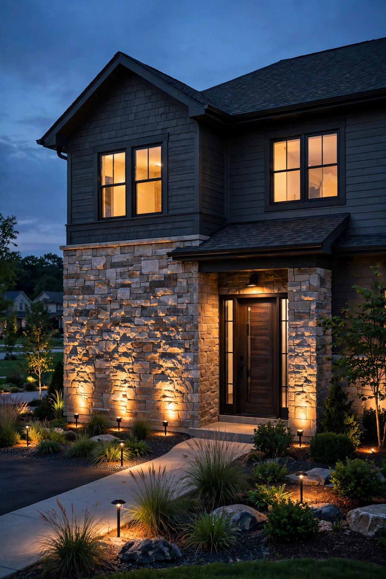 Suburban home facade at dusk lit by warm ground spotlights, light grazing stone and siding for dramatic nighttime curb appeal