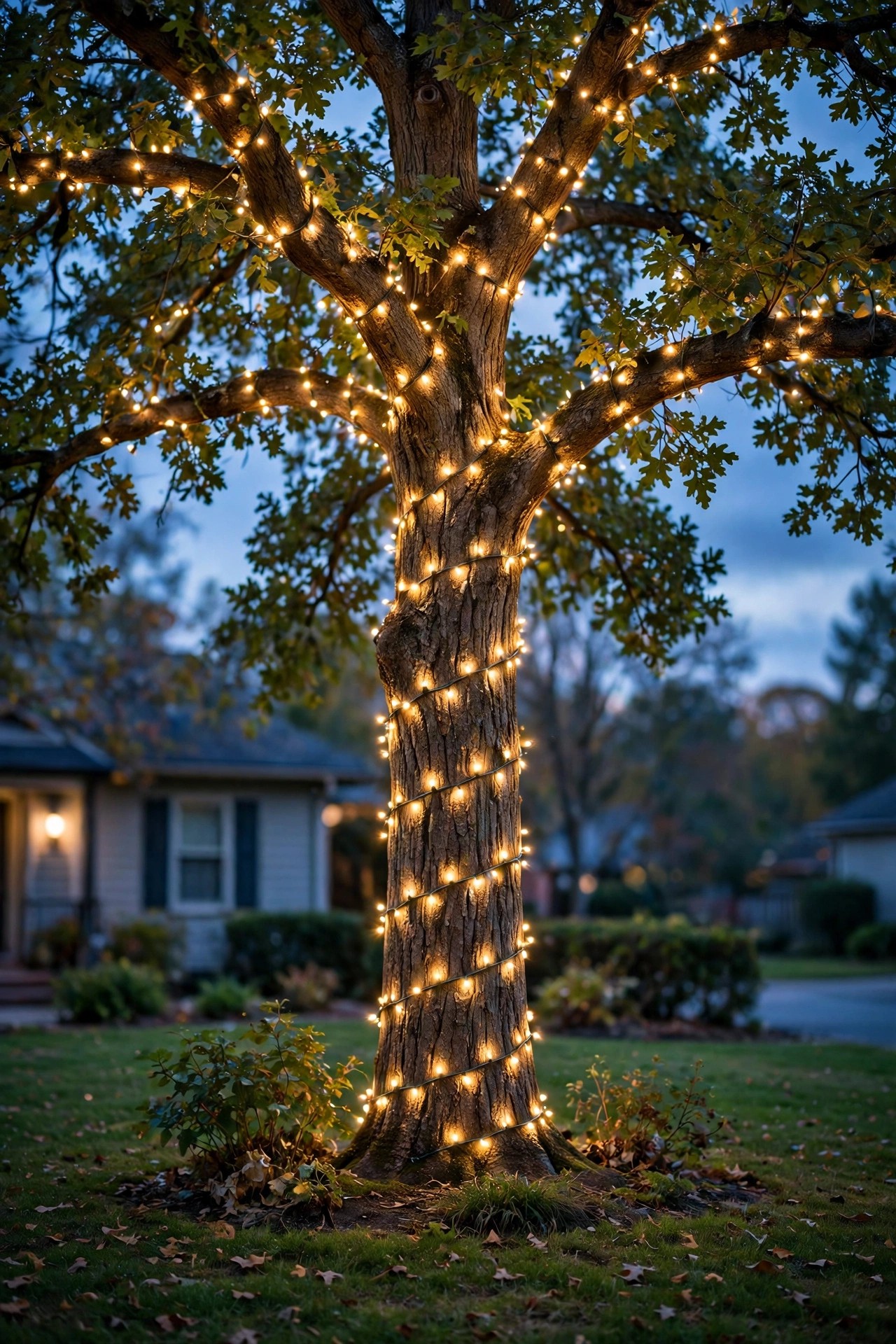 Front yard oak tree with a warm fairy light tree wrap spiraling up the trunk and into the canopy at dusk