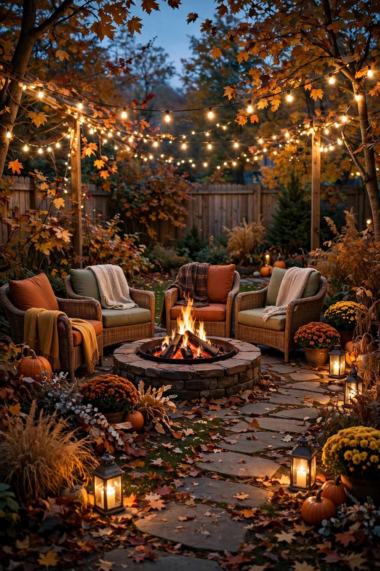 Cozy fall backyard at dusk with a crackling fire pit ringed by cushioned chairs, warm string lights overhead and lanterns glowing along a stone path