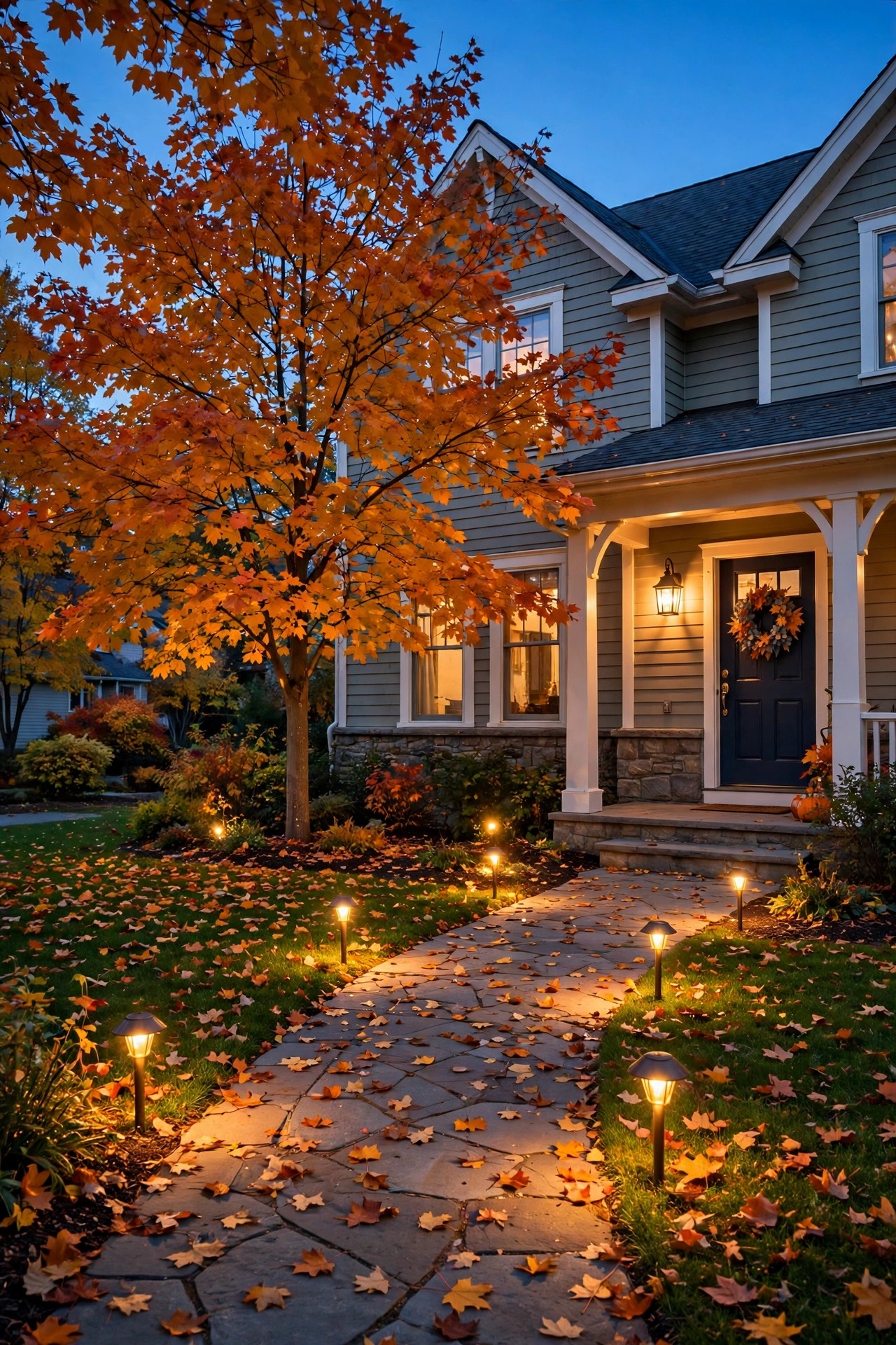Photorealistic warm dusk view of a suburban home front yard in autumn, golden path lights glowing along a leaf-speckled walkway, porch lantern lit, maple tree with orange leaves, early evening blue sky