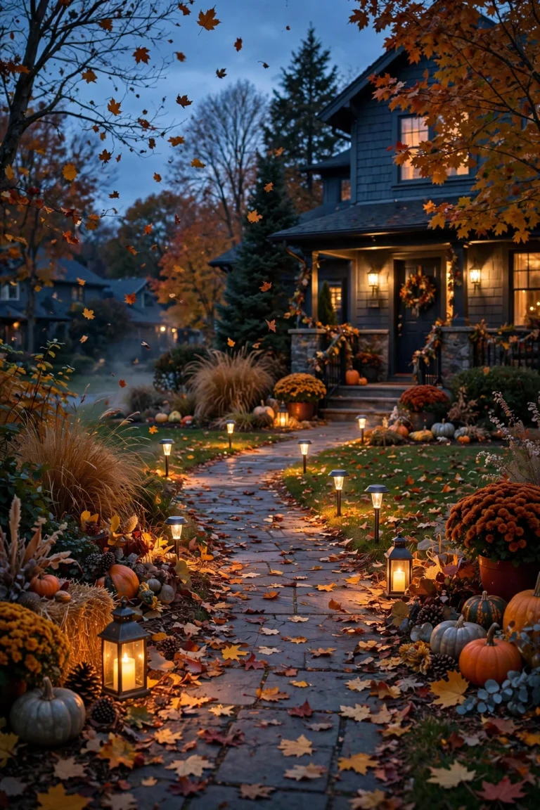 Glowing fall pathway lined with lanterns and solar path lights on a crisp autumn evening
