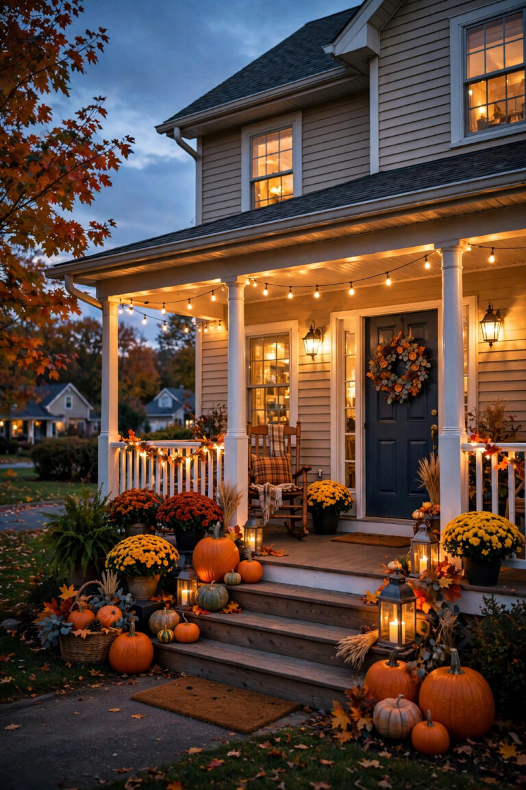 Warmly lit fall porch at dusk with glowing pumpkins, lanterns and string lights around the front door