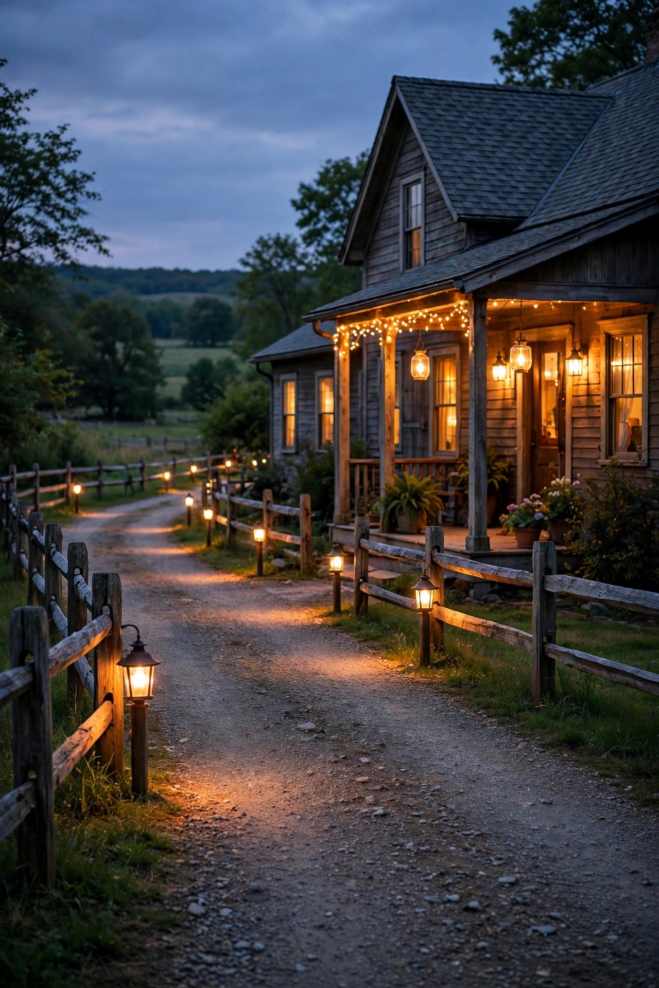 Farmhouse driveway at dusk lined with warm lantern path lights, split-rail fence and a glowing front porch