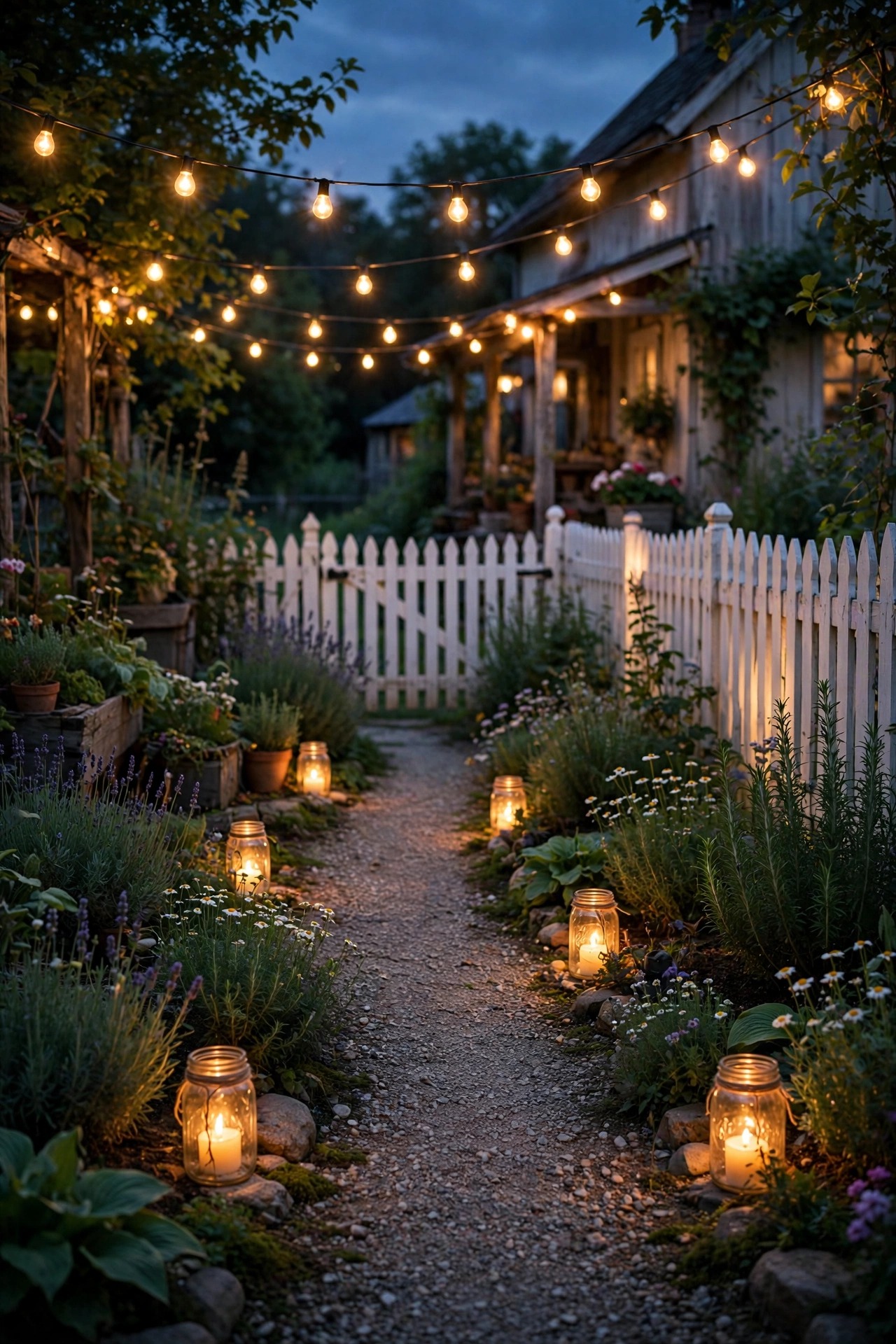 Farmhouse garden at dusk with warm string lights over a gravel path, mason jar lanterns and a white picket fence glowing softly