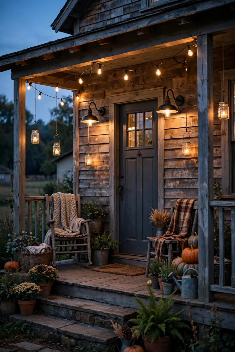 Farmhouse porch at dusk with glowing gooseneck barn lights over the front door, mason-jar lanterns on the steps and warm Edison string lights overhead