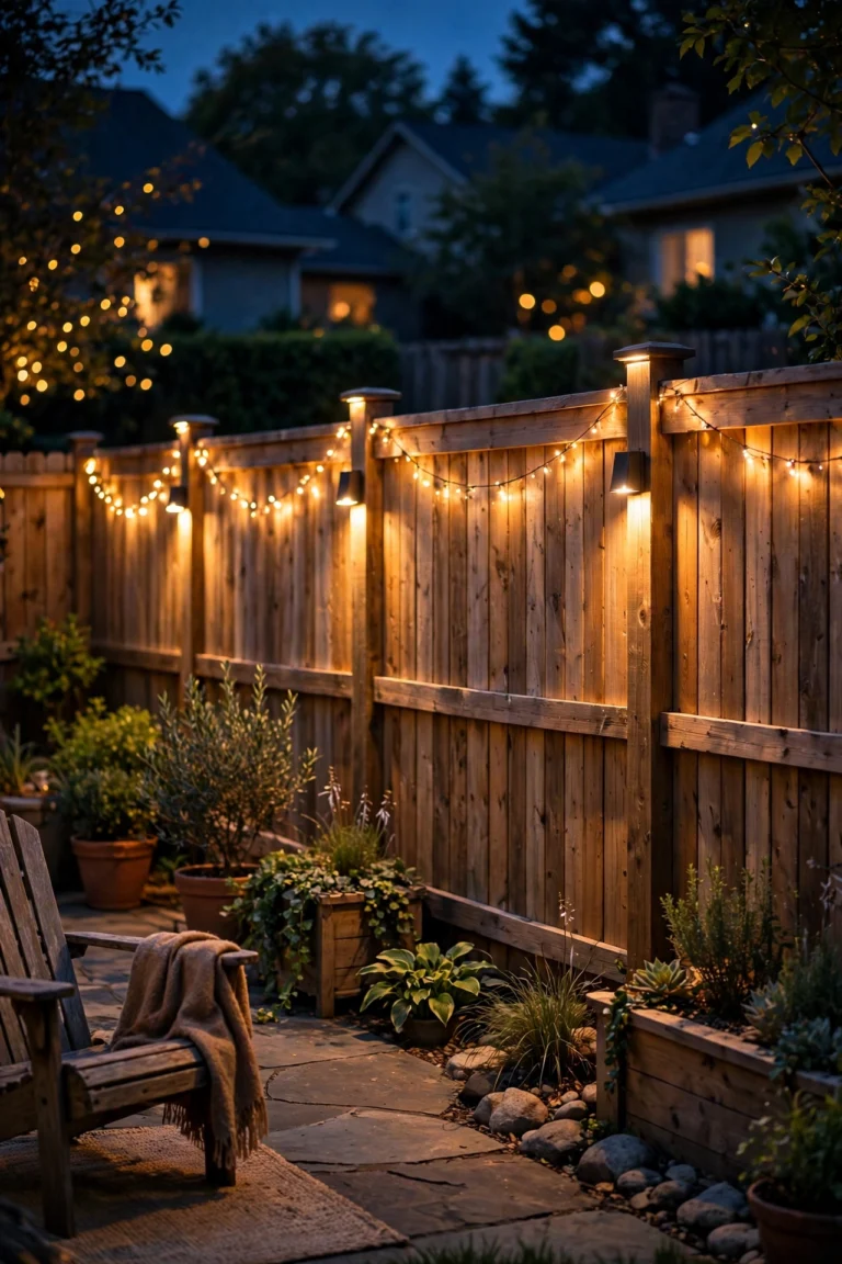 Wooden privacy fence glowing with warm fence lighting ideas at night in a cozy backyard