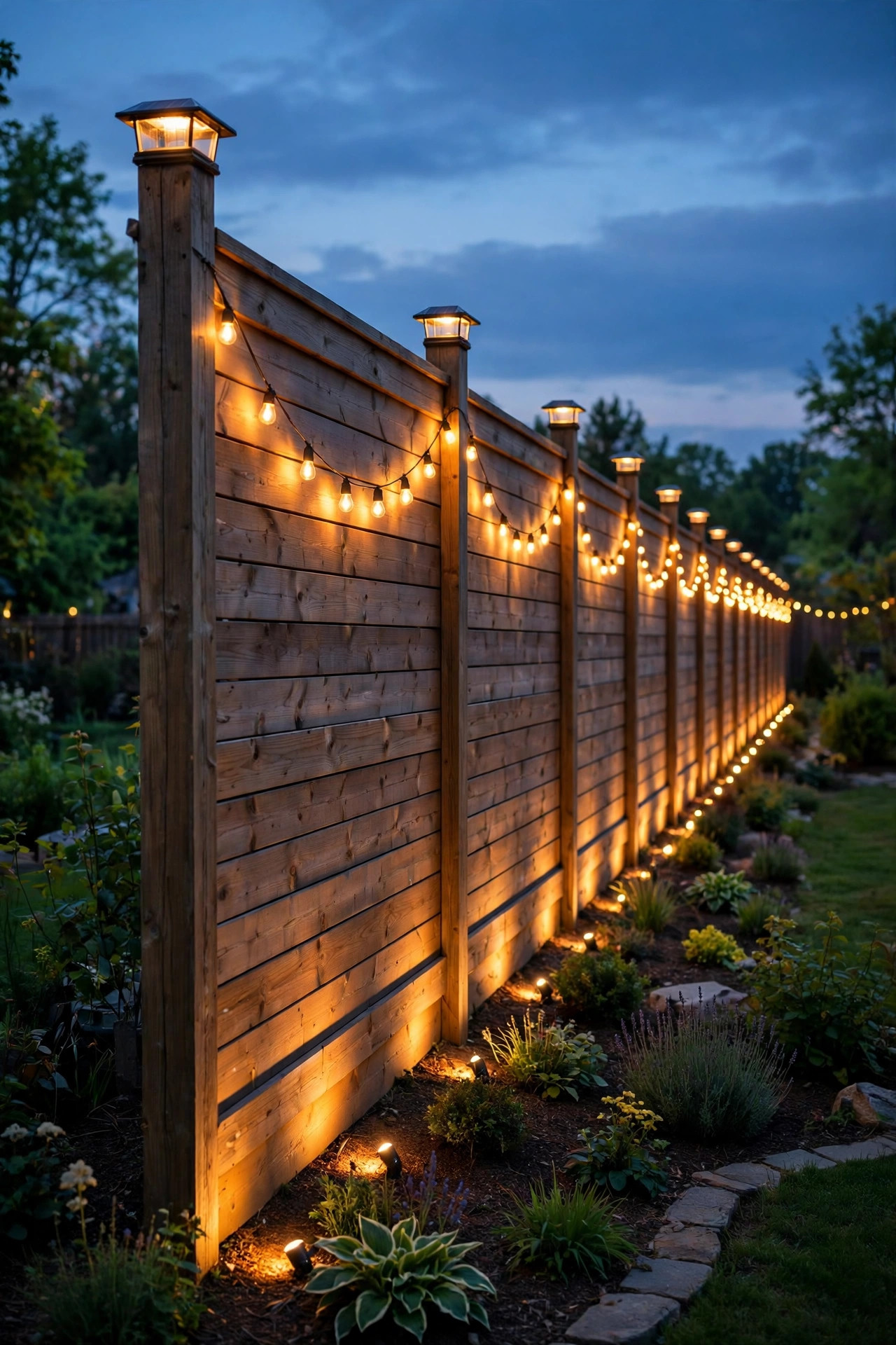 Long backyard fence line at dusk glowing with layered fence line lighting ideas, solar post caps, string lights, and warm uplights along the full border