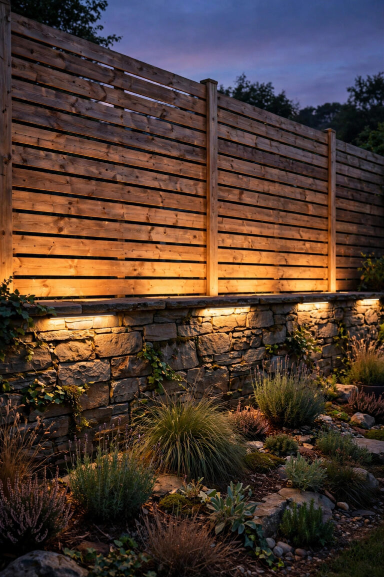 Fence wall wash lighting casting a warm even glow across a wooden backyard fence and stone garden wall at dusk