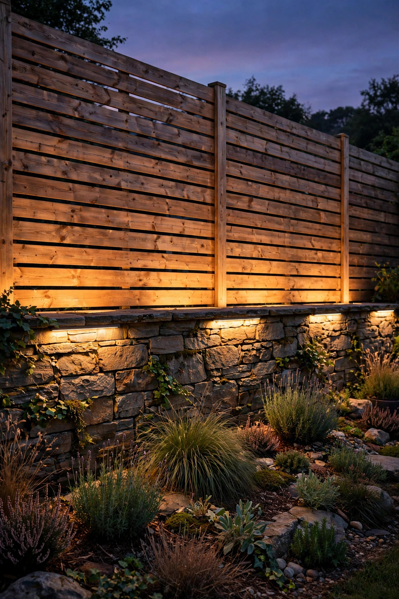 Fence wall wash lighting casting a warm even glow across a wooden backyard fence and stone garden wall at dusk