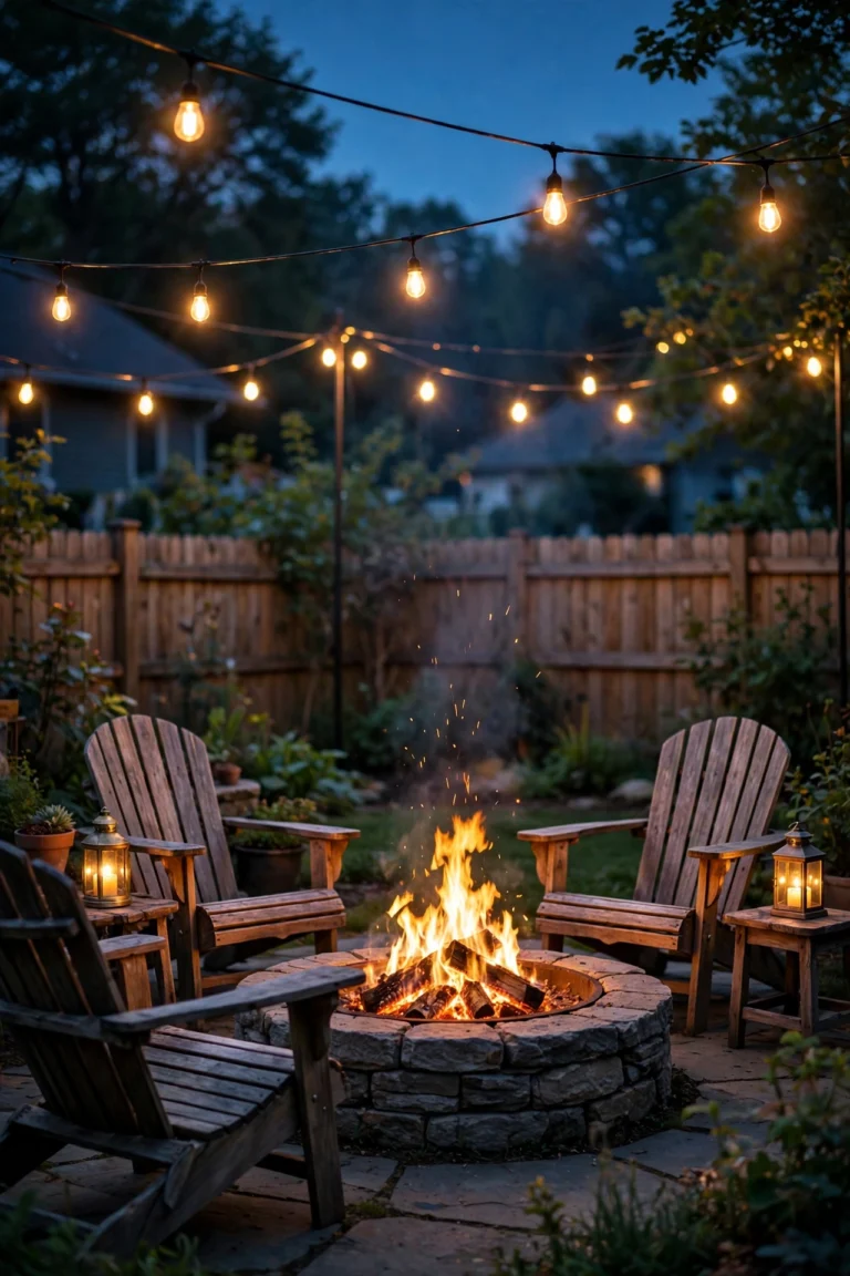 Backyard fire pit area glowing at dusk with string lights, lanterns, and warm seating-zone lighting