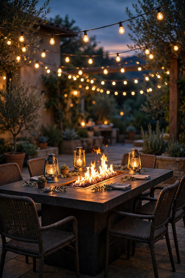 Dining-height fire table glowing at dusk on a patio, layered with warm string lights overhead and lanterns on the table