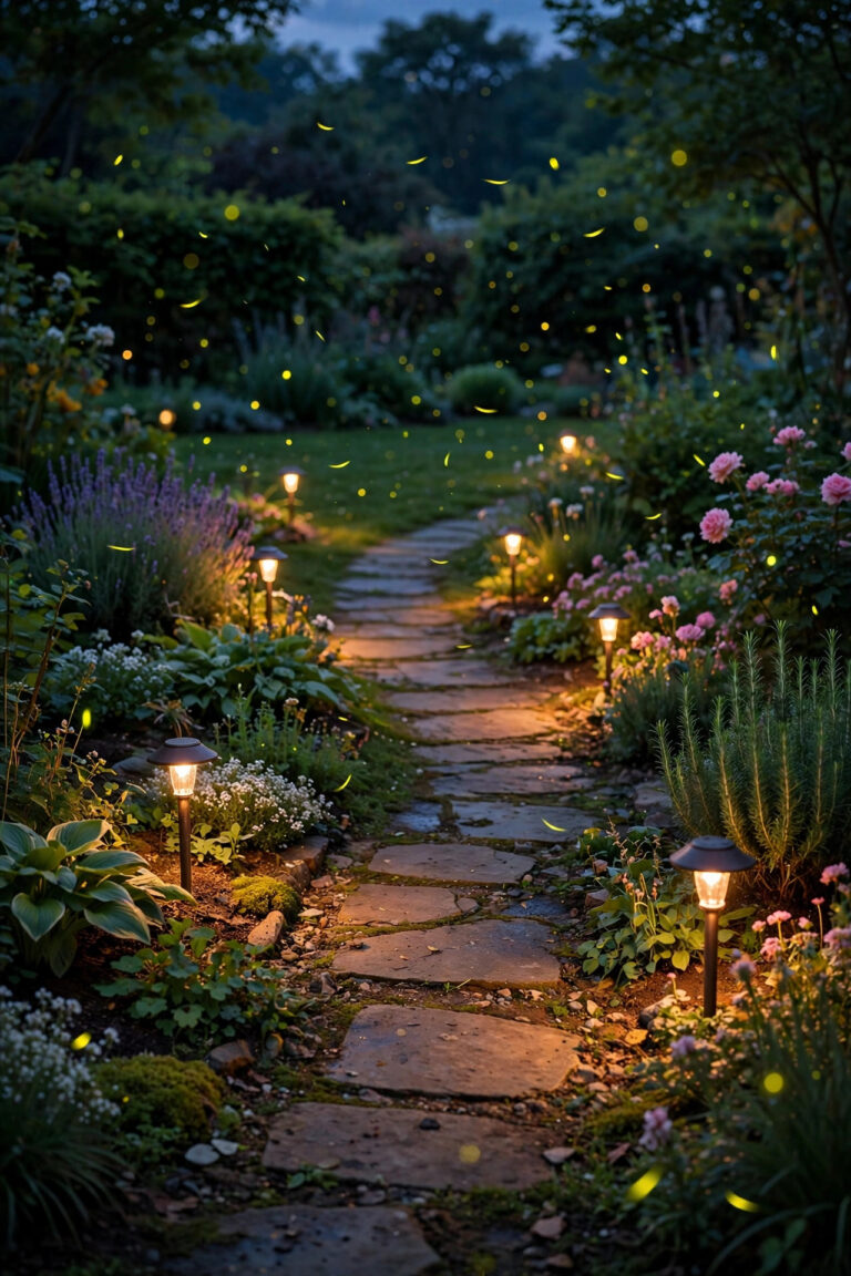 Garden at dusk with soft amber path lights and fireflies twinkling over a dark lawn and flower beds