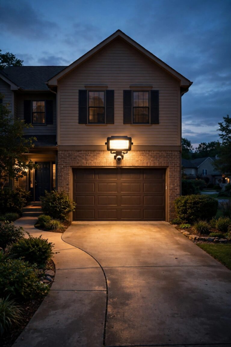 Suburban home at dusk with a warm white flood light with camera mounted over the garage, driveway and front walk glowing softly