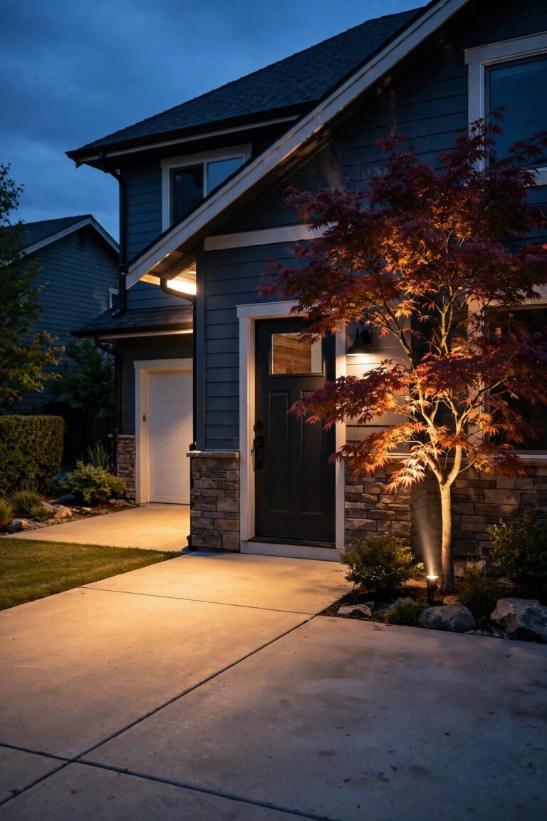 Suburban home at dusk lit by a wide warm flood wash across the driveway and a narrow spotlight beam uplighting an ornamental tree beside the front door