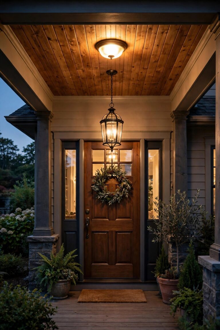 Covered front porch at dusk showing a warm glowing flush mount ceiling light and an elegant hanging pendant lantern over a welcoming front entry
