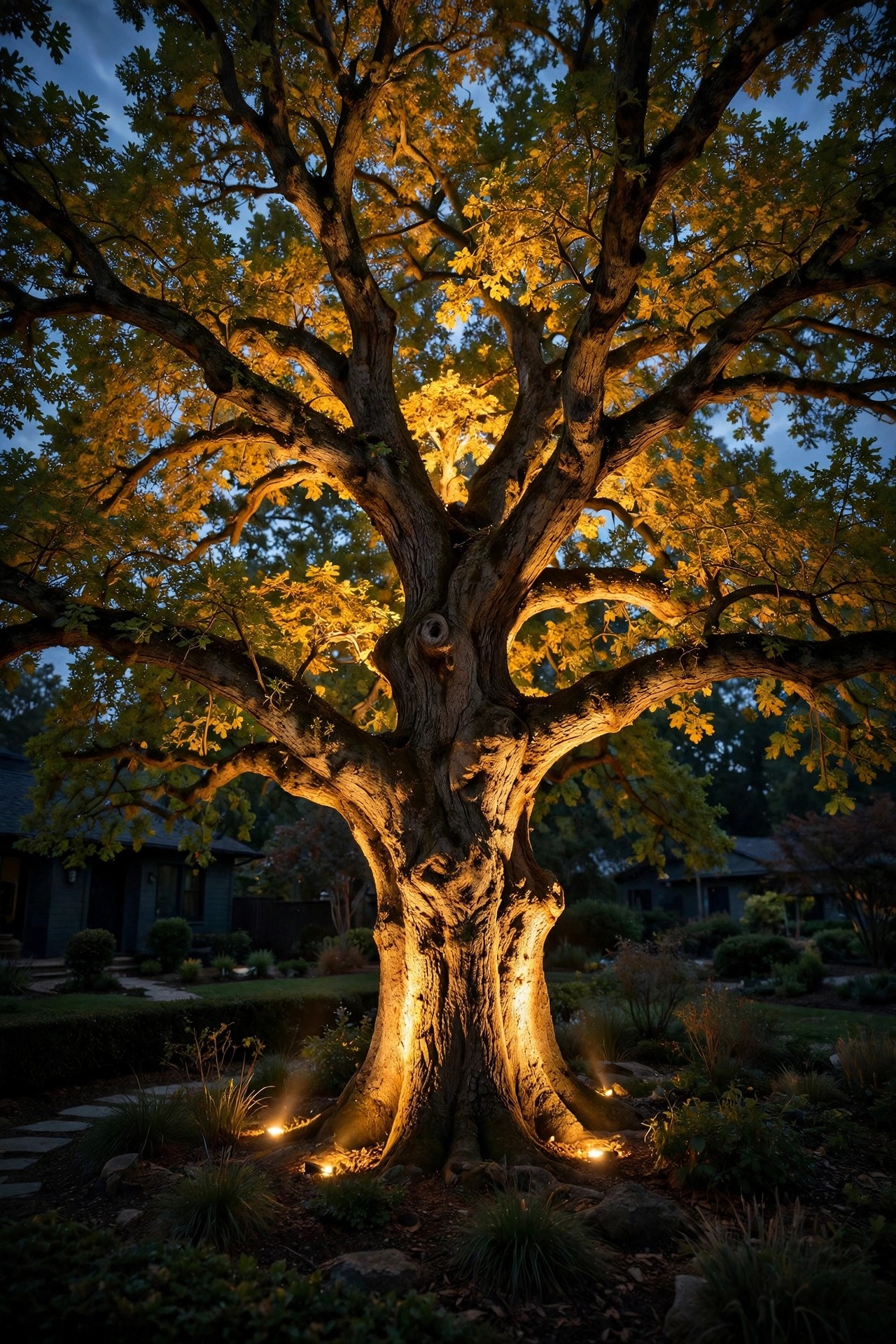 A majestic oak tree dramatically uplit at dusk as the focal point of a front yard, warm golden light raking up the trunk and into the canopy while the rest of the garden stays softly dim