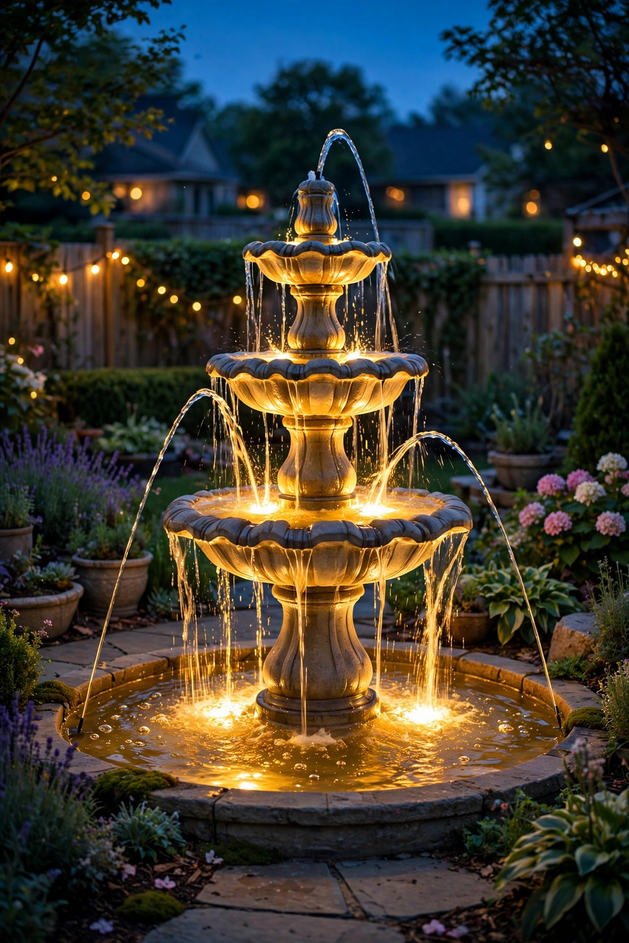 backyard garden fountain glowing at night with warm submersible lighting