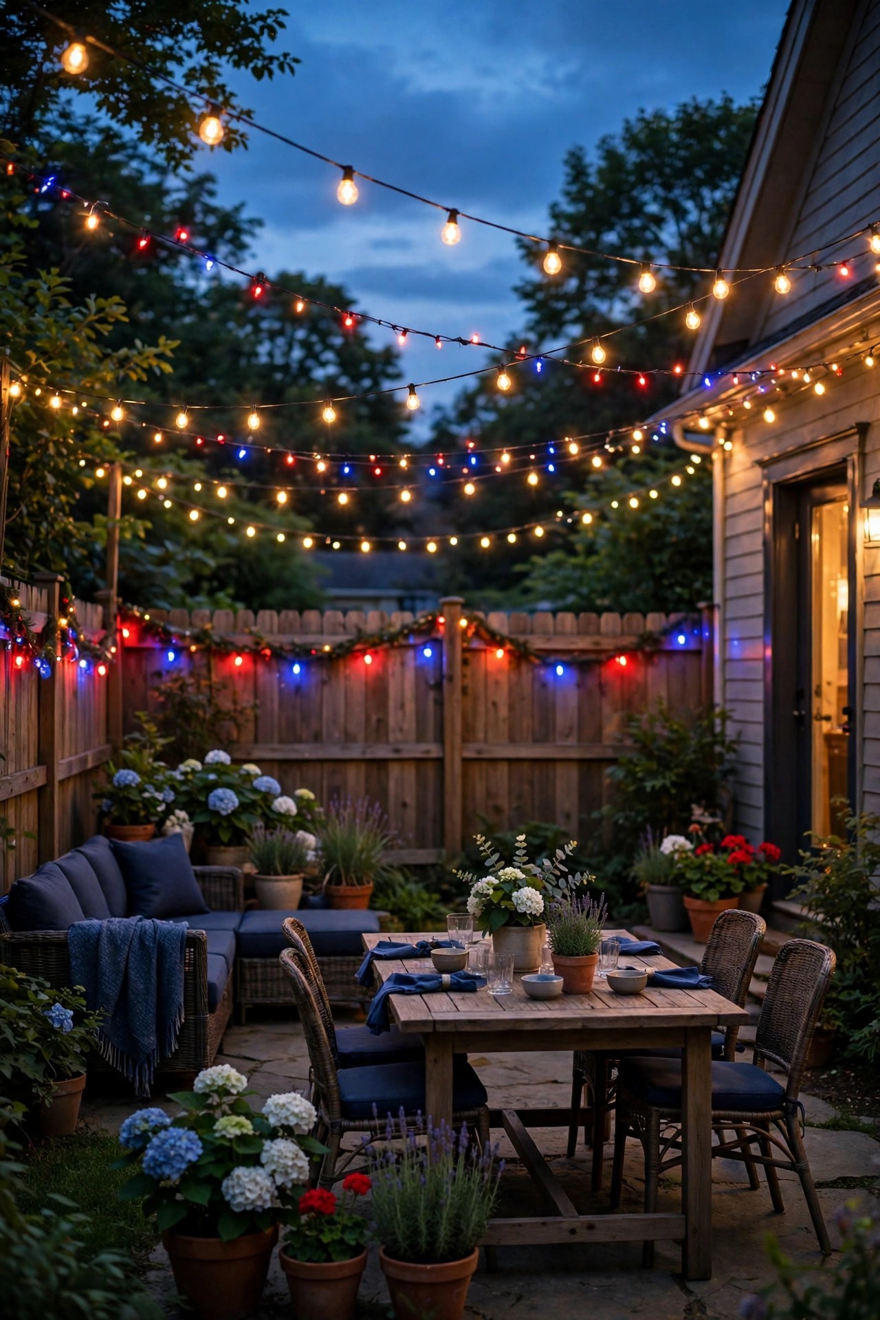 Backyard at dusk decorated with warm string lights and red white and blue Fourth of July party lighting