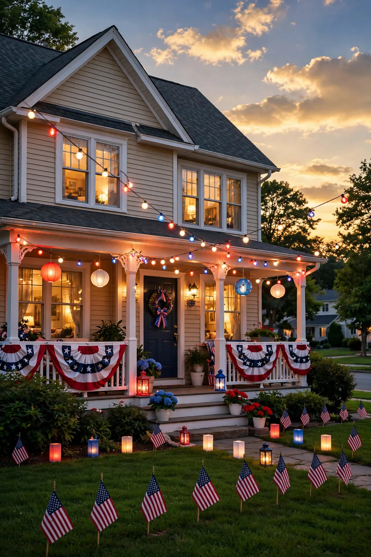 Suburban home at dusk glowing with red, white, and blue Fourth of July outdoor lighting across porch and yard