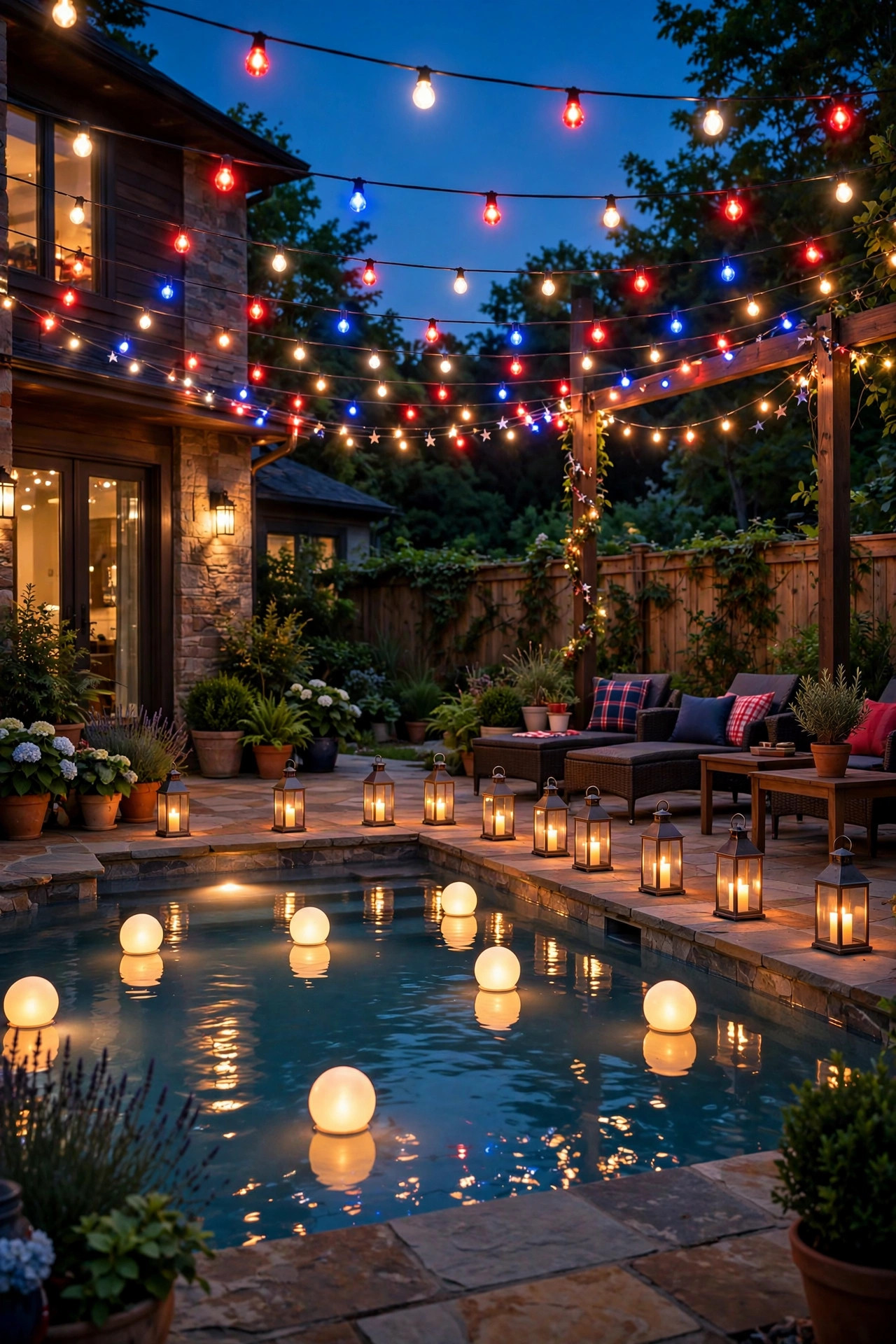 Backyard pool and patio at dusk decorated for the Fourth of July with red white and blue string lights overhead, glowing floating pool lights and lanterns along the deck
