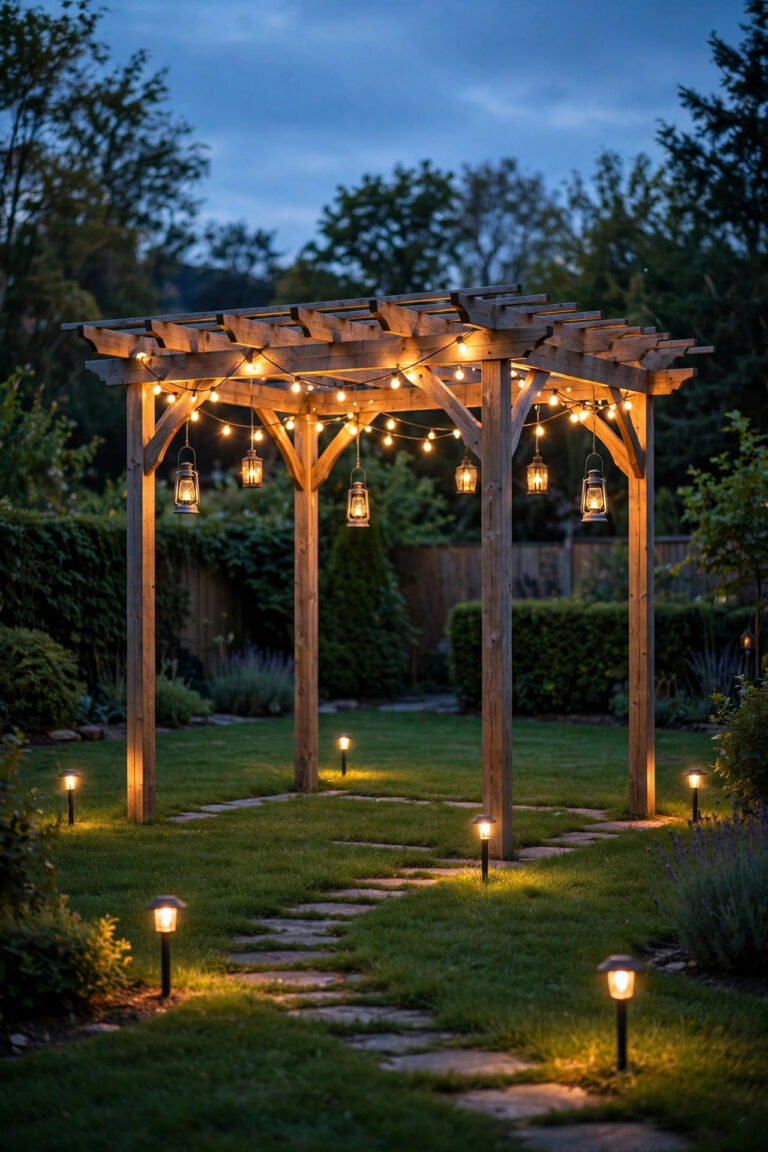 Freestanding pergola in the middle of a backyard lawn at dusk glowing with warm string lights, hanging lanterns and path lights leading across the grass