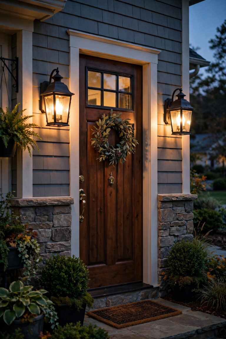 Pair of warm-glowing lantern sconces flanking a front door at dusk, showcasing front door sconce lighting ideas