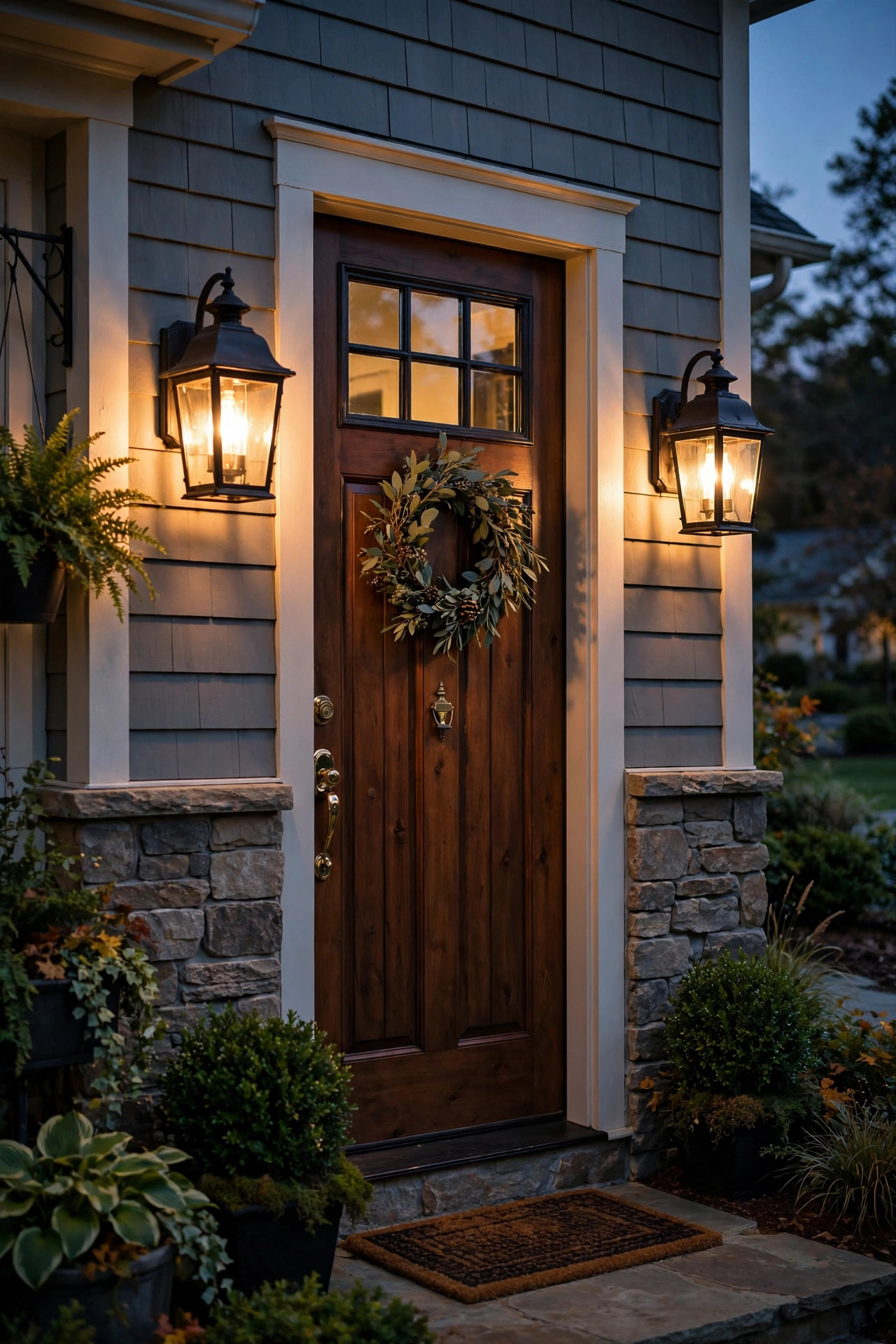 Pair of warm-glowing lantern sconces flanking a front door at dusk, showcasing front door sconce lighting ideas